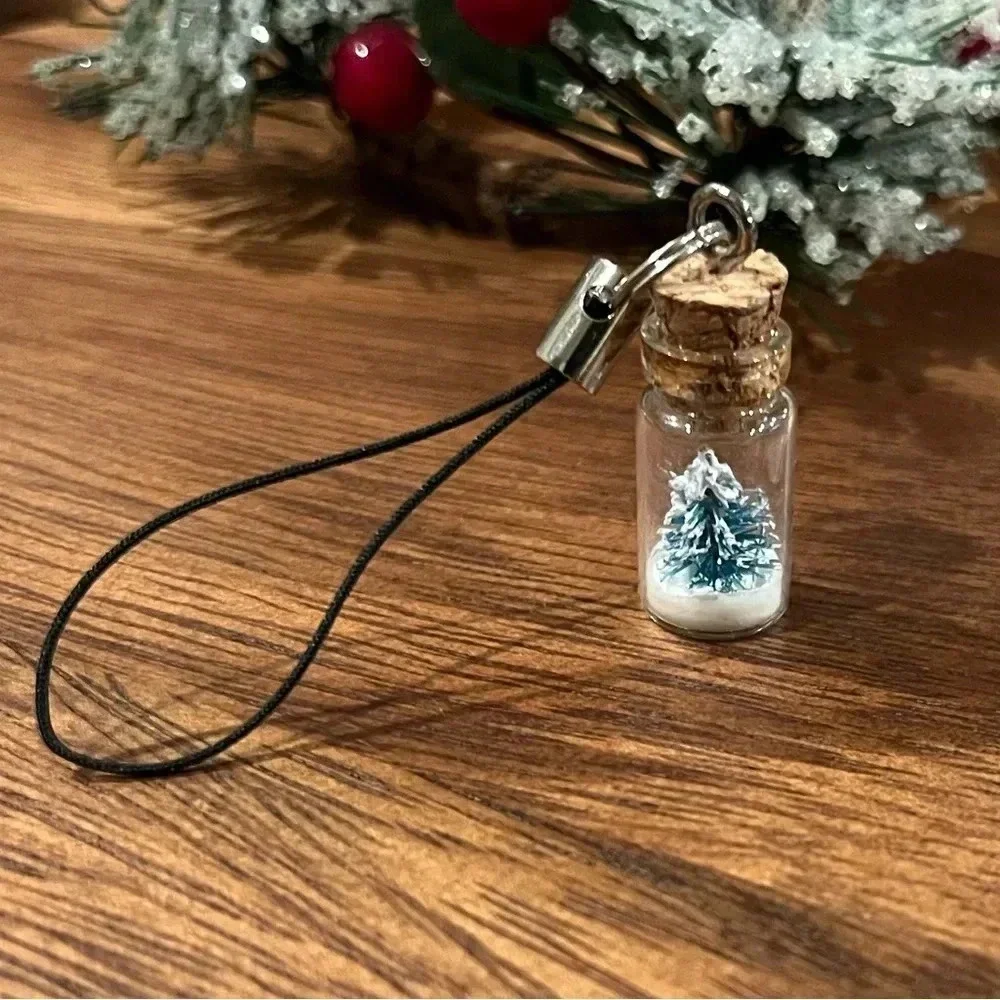 Artisan Winter Snow Tree Glass Bottle Phone Charm Bag Charm Woodland Christmas